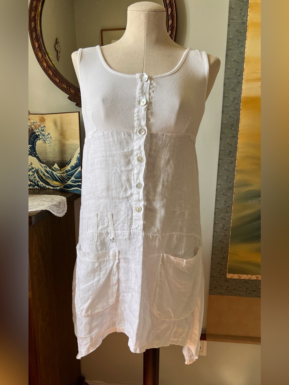 INIZIO Sleeveless, White, Pure LINEN, asymmetrical, Button Front Dress